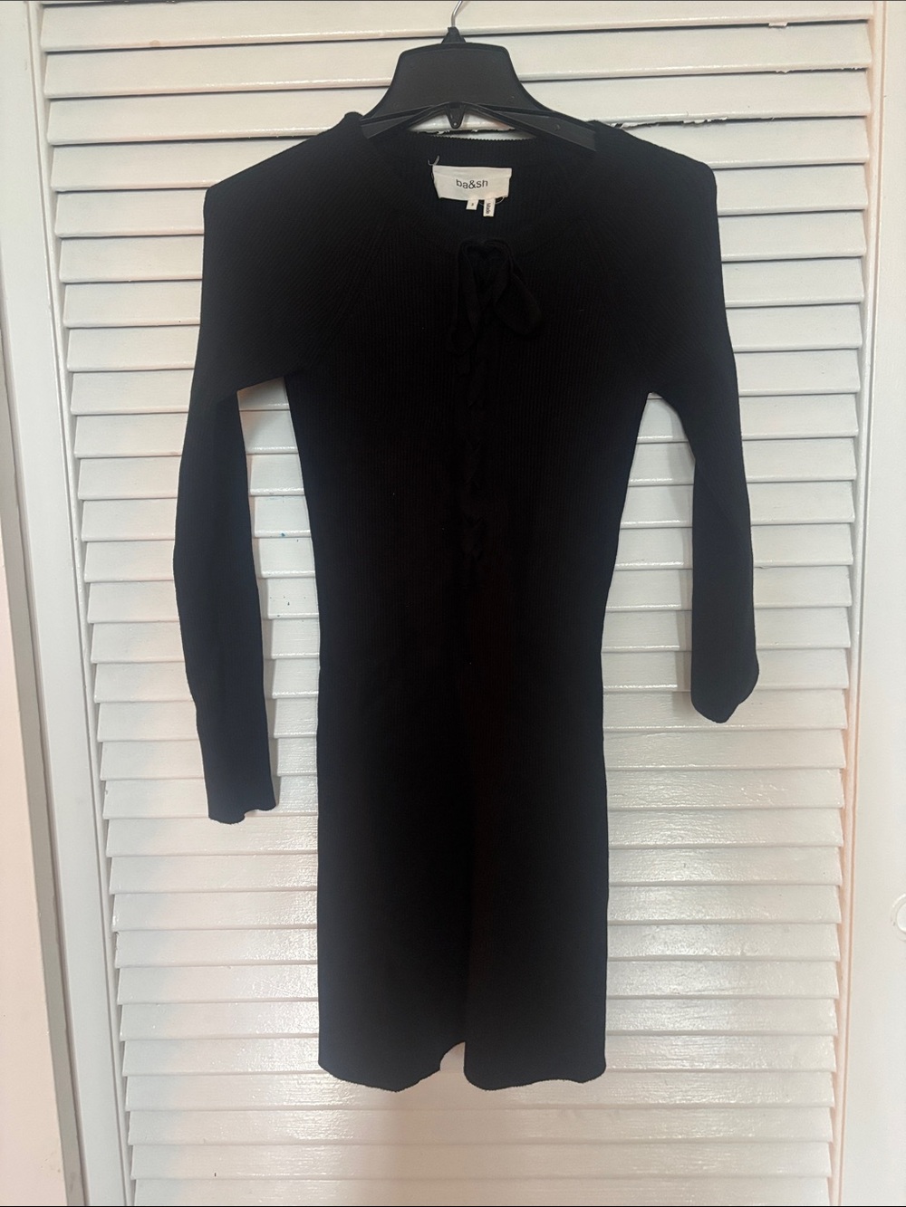 ba&sh Black Long Sleeve Tie-Front Ribbed Dress